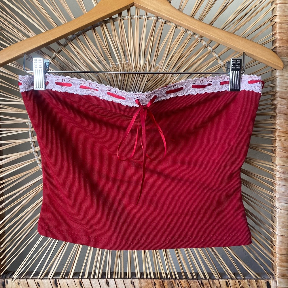 Red Lace-Trim Ribbon Tube Top Size Large